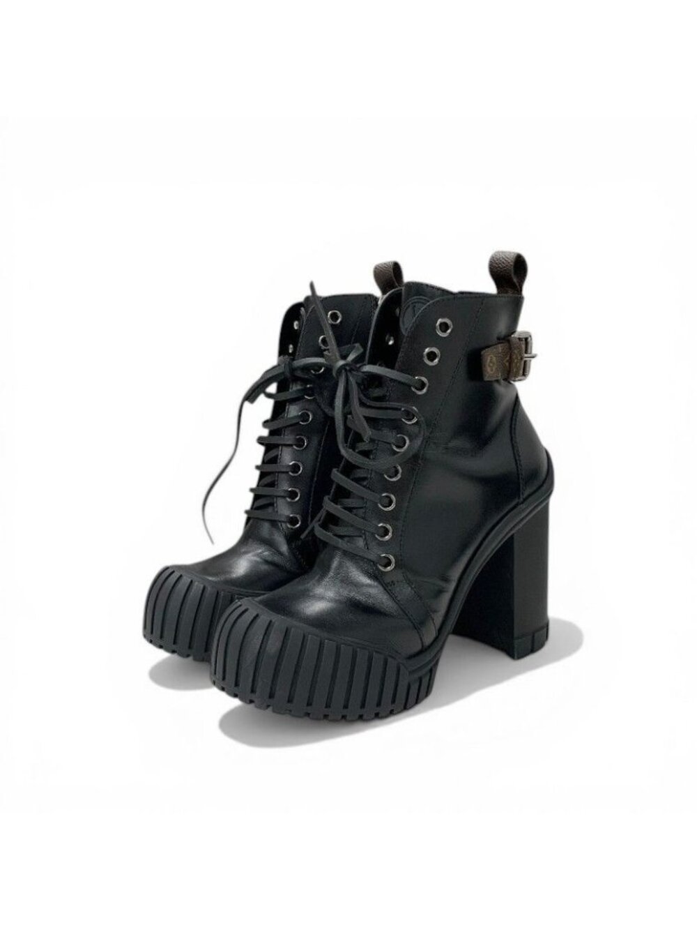 Louis Vuitton Line Monogram Boots Short Shoes Leather Black Brown Logo Belt